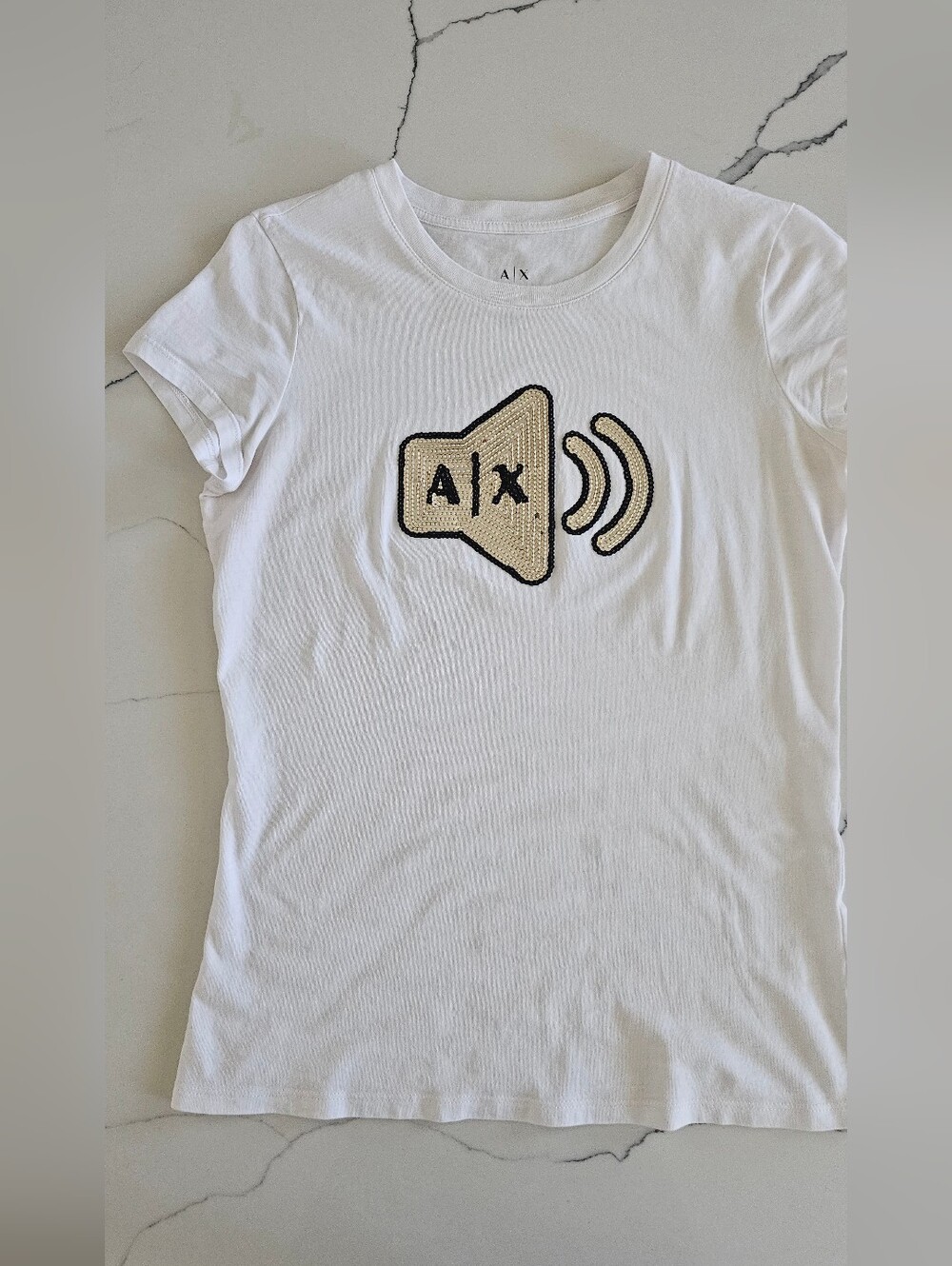 Armani Exchange White Tee with Gold Sequin Graphic